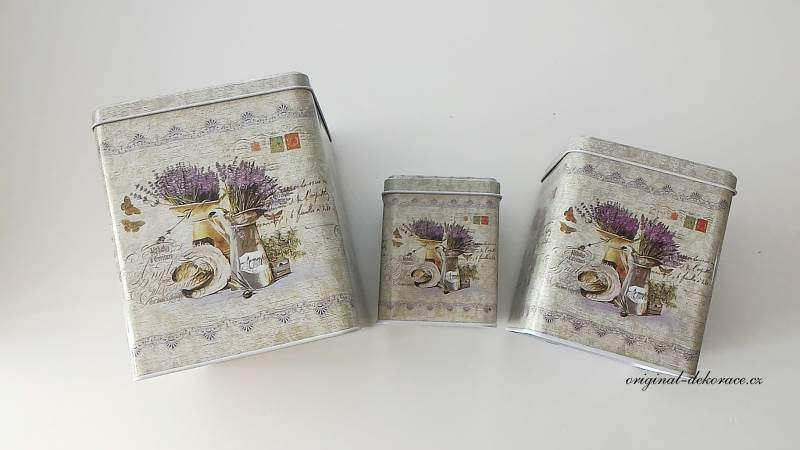 Plechové dozy s levandulí, hranaté (vysoké) - sada 3 ks