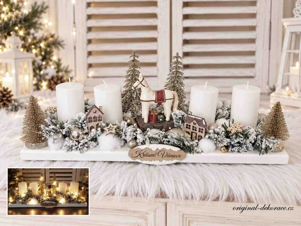 Adventní (vánoční) svícen - s koníkem, domečky a led světýlky