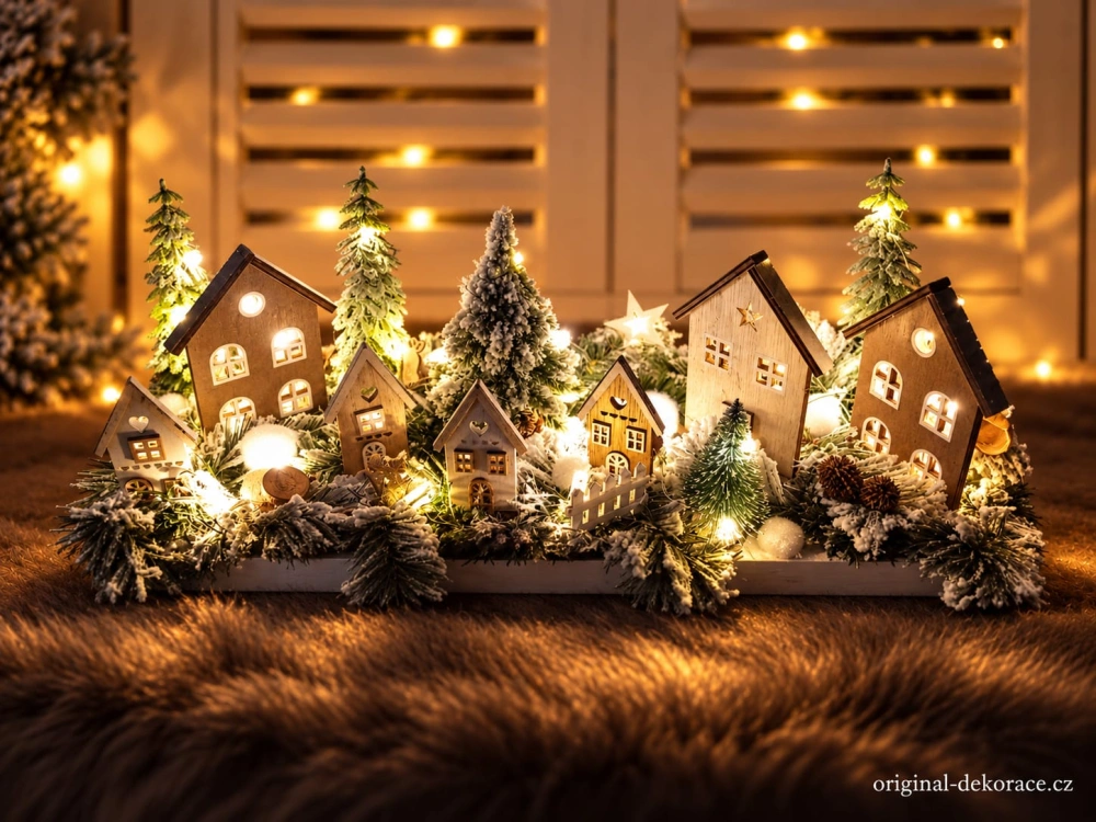 Vánoční vesnička s dřevěnými domečky a led světýlky
