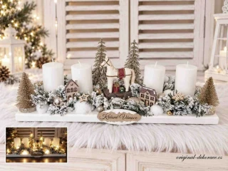 Adventní (vánoční) svícen - s koníkem, domečky a led světýlky